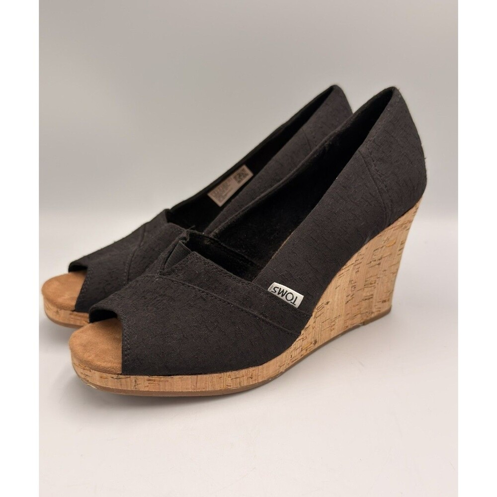 TOMS Classic Wedge Sandals Womens 8 Black Scattered Woven Cork Platform Peep Toe